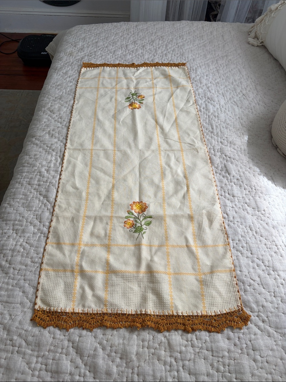 Vintage Embroidered Yellow Floral Table Runner with Fringe